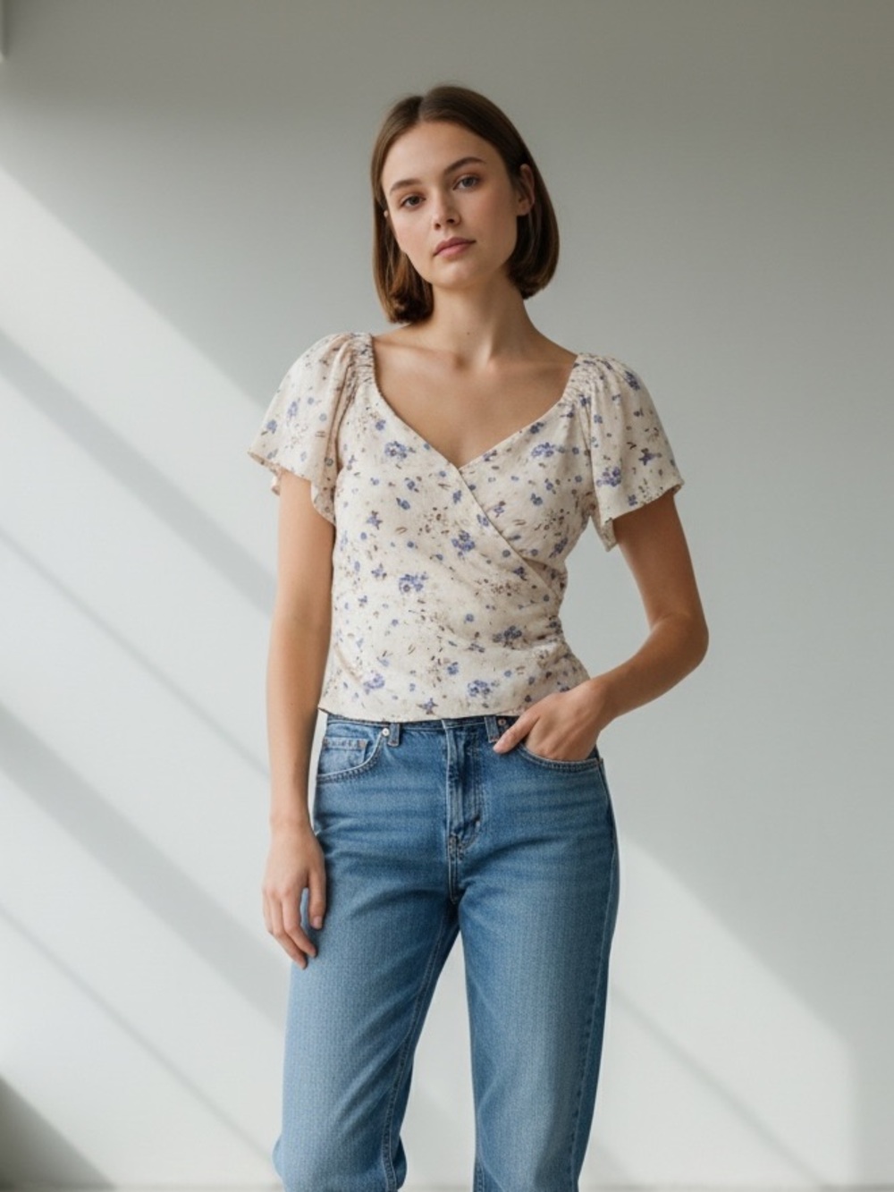 ASTR the Label Flutter Sleeve Faux Wrap Top Periwinkle Floral